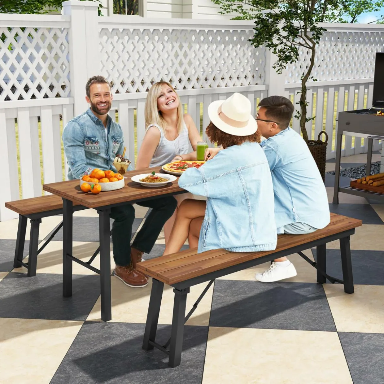 Tangkula Outdoor Dining Table With Benches for 4-6 Persons, No Assembly