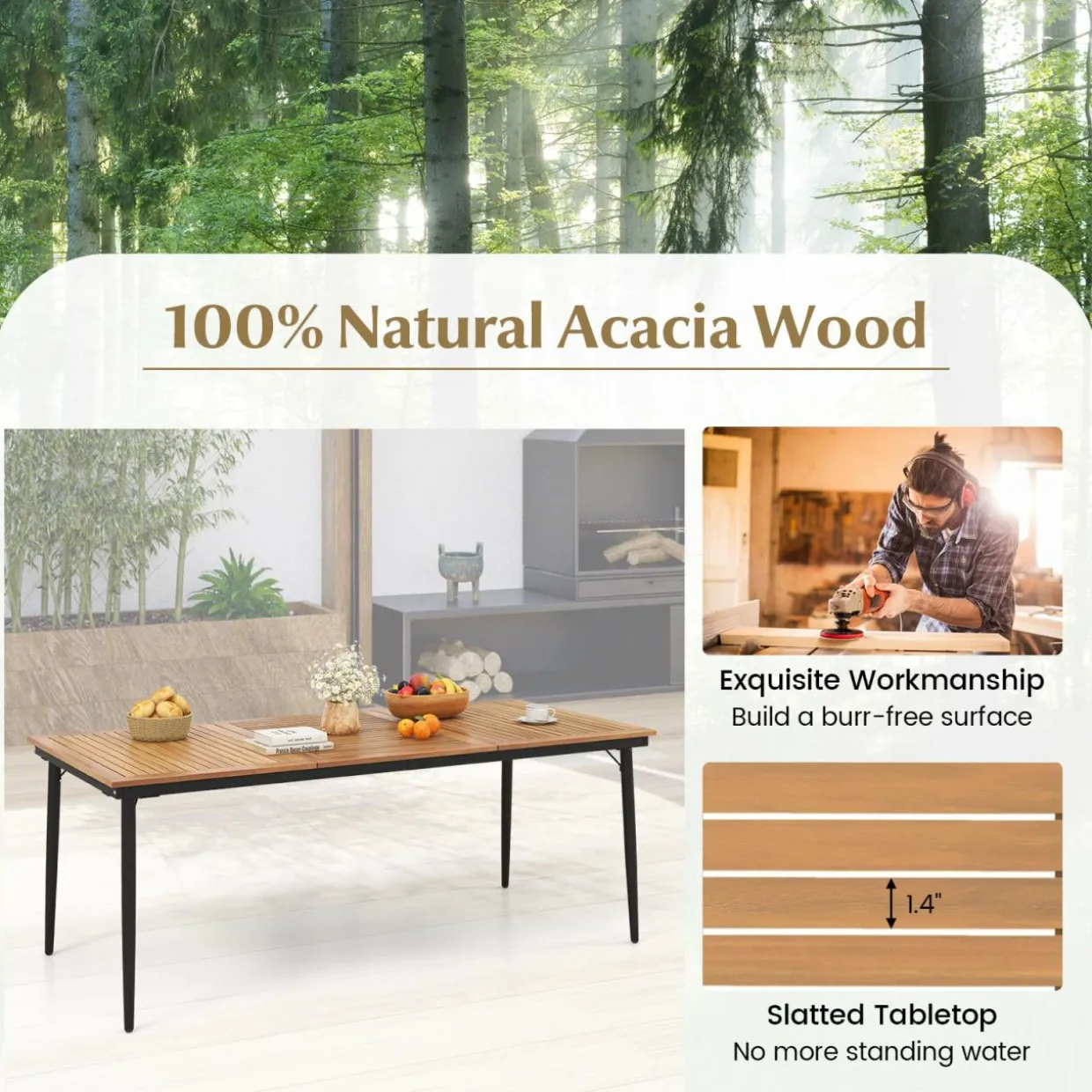Tangkula Outdoor Dining Table for 8, 79 Inch Acacia Wood Patio Table with 1.9” Umbrella Hole