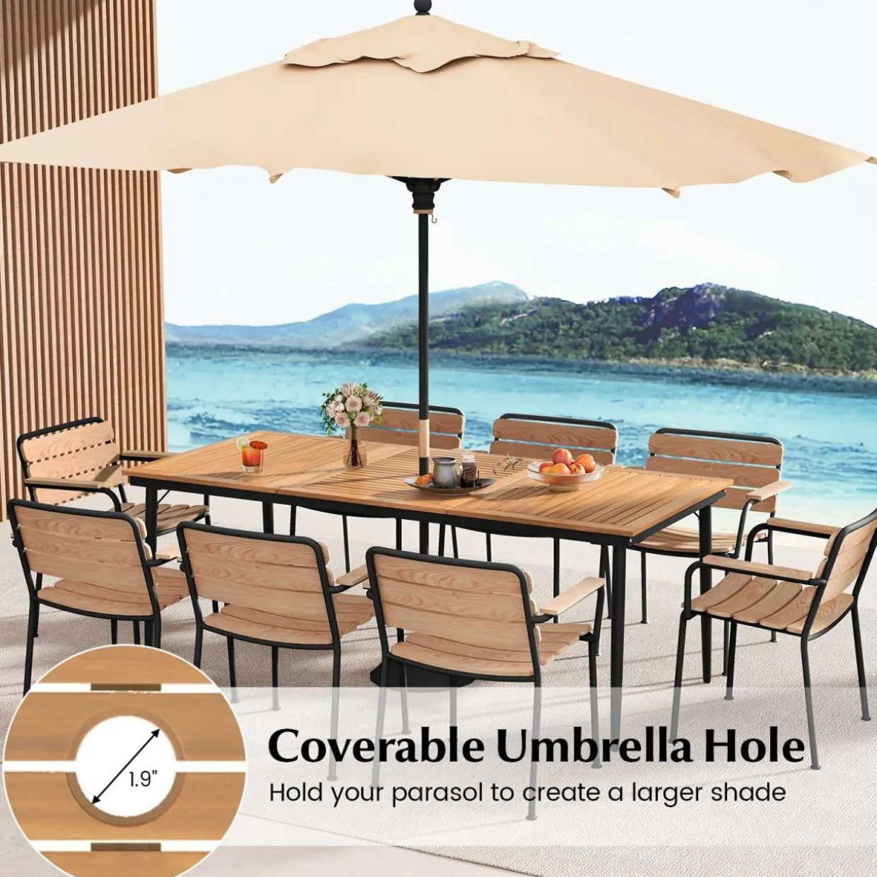 Tangkula Outdoor Dining Table for 8, 79 Inch Acacia Wood Patio Table with 1.9” Umbrella Hole