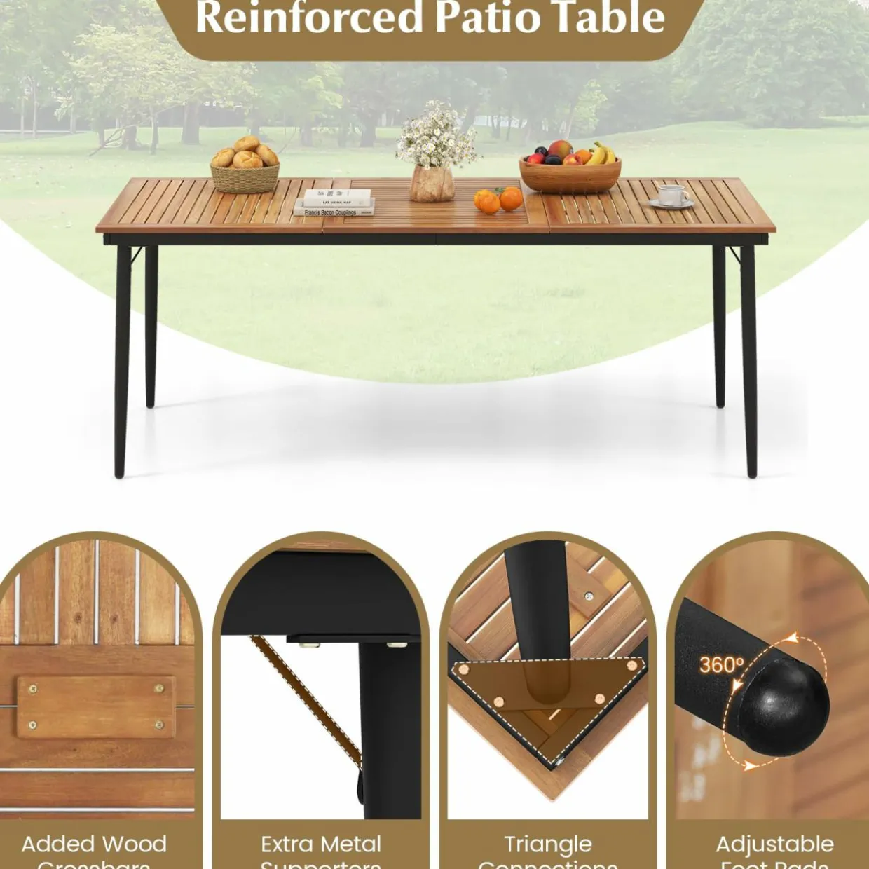 Tangkula Outdoor Dining Table for 8, 79 Inch Acacia Wood Patio Table with 1.9” Umbrella Hole