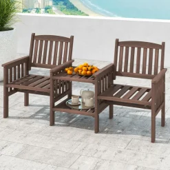 Tangkula Outdoor Fir Wood Loveseat with 2-Tier Side Table and Umbrella Hole