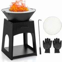 Tangkula Outdoor Fire Pit with Storage, Patio Wood Burning Fireplace with Grill & Ash Box, Spacious Bottom Storage Compartment