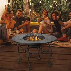 Tangkula Outdoor Fire Pit Table, 4 in 1 36 Inch Round BBQ Garden Fire Bowl with Lid, Bonfire Wood Burning Fire Pit for Outside Backyard
