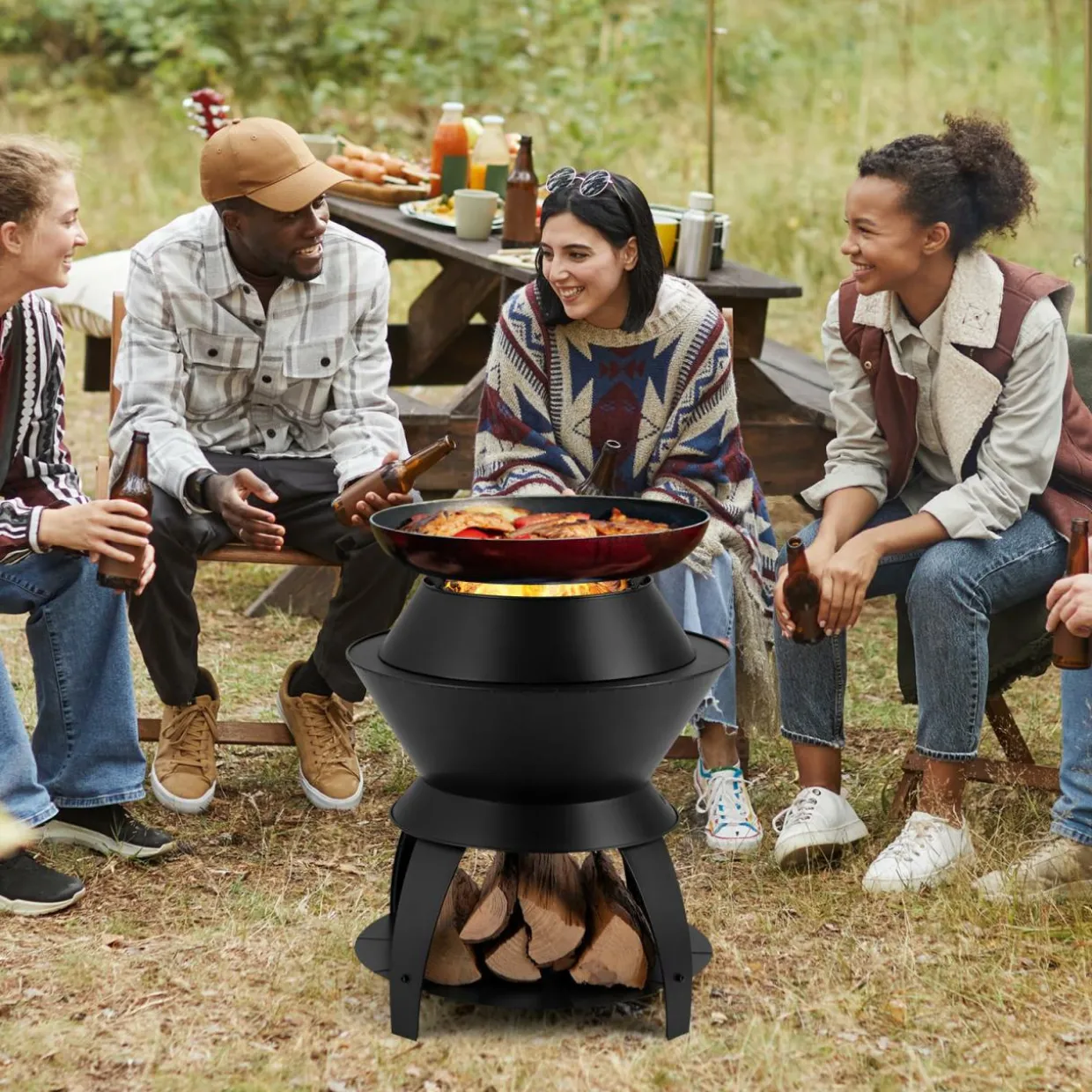 Tangkula Outdoor Fire Pit, 20 Inch Metal Fire Bowl with Pot Holder & Storage Shelf, Smokeless Oxygen-Enriched Burning