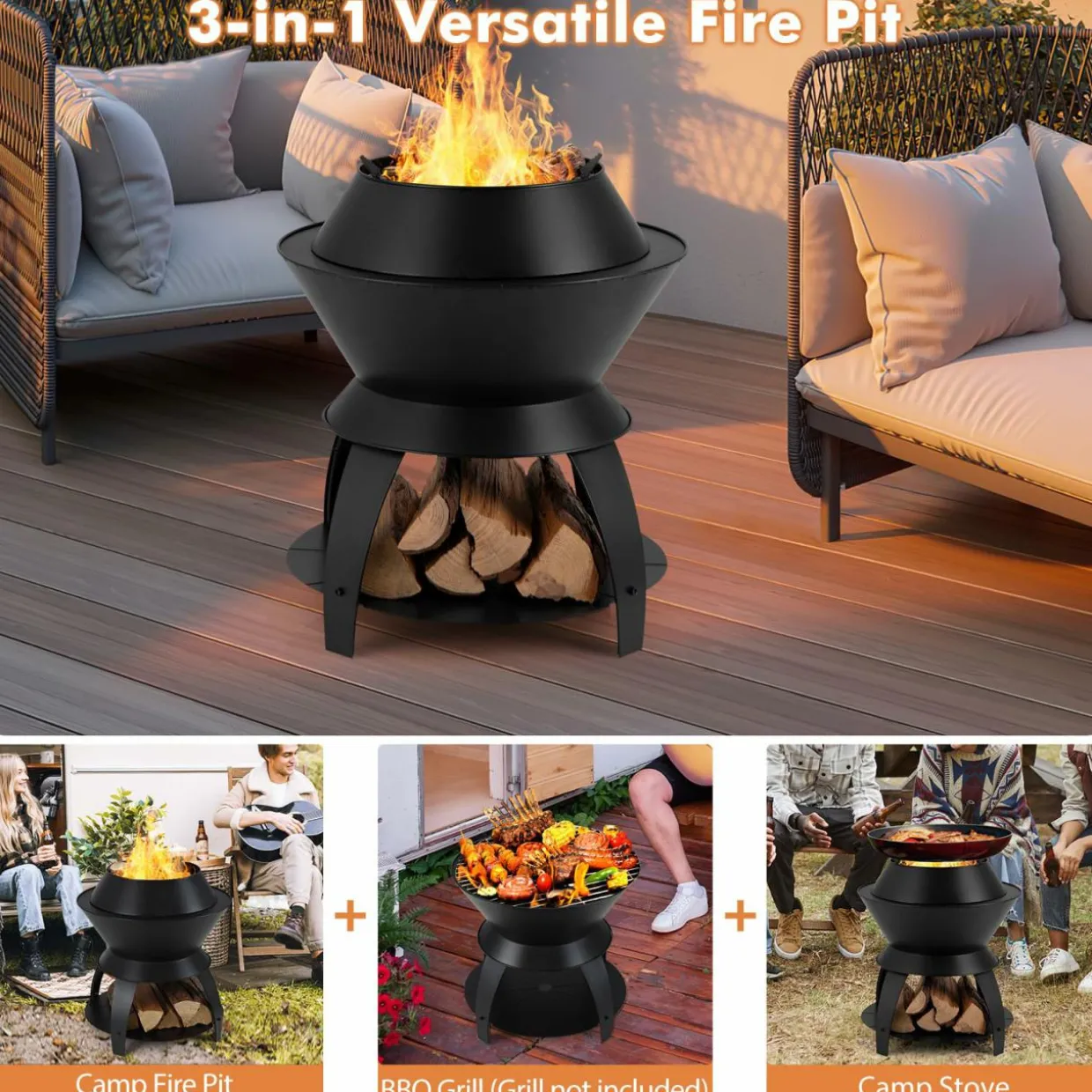 Tangkula Outdoor Fire Pit, 20 Inch Metal Fire Bowl with Pot Holder & Storage Shelf, Smokeless Oxygen-Enriched Burning