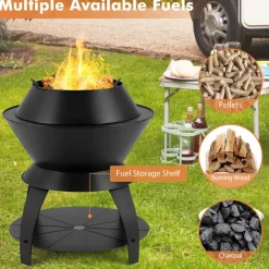 Tangkula Outdoor Fire Pit, 20 Inch Metal Fire Bowl with Pot Holder & Storage Shelf, Smokeless Oxygen-Enriched Burning