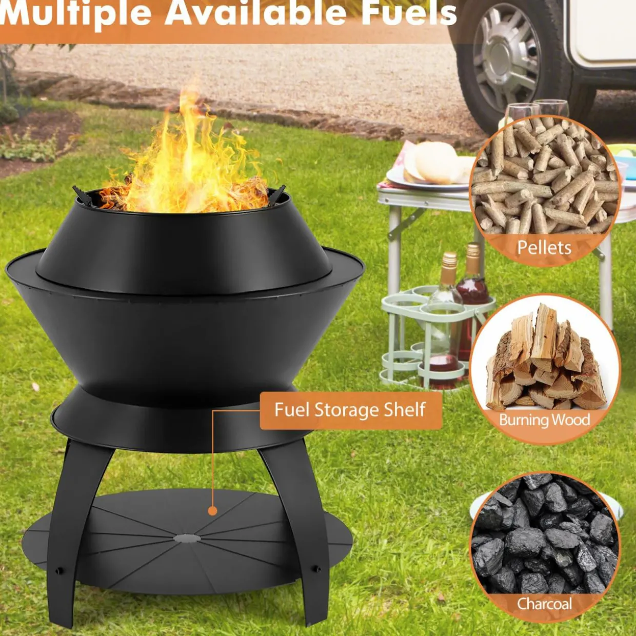 Tangkula Outdoor Fire Pit, 20 Inch Metal Fire Bowl with Pot Holder & Storage Shelf, Smokeless Oxygen-Enriched Burning