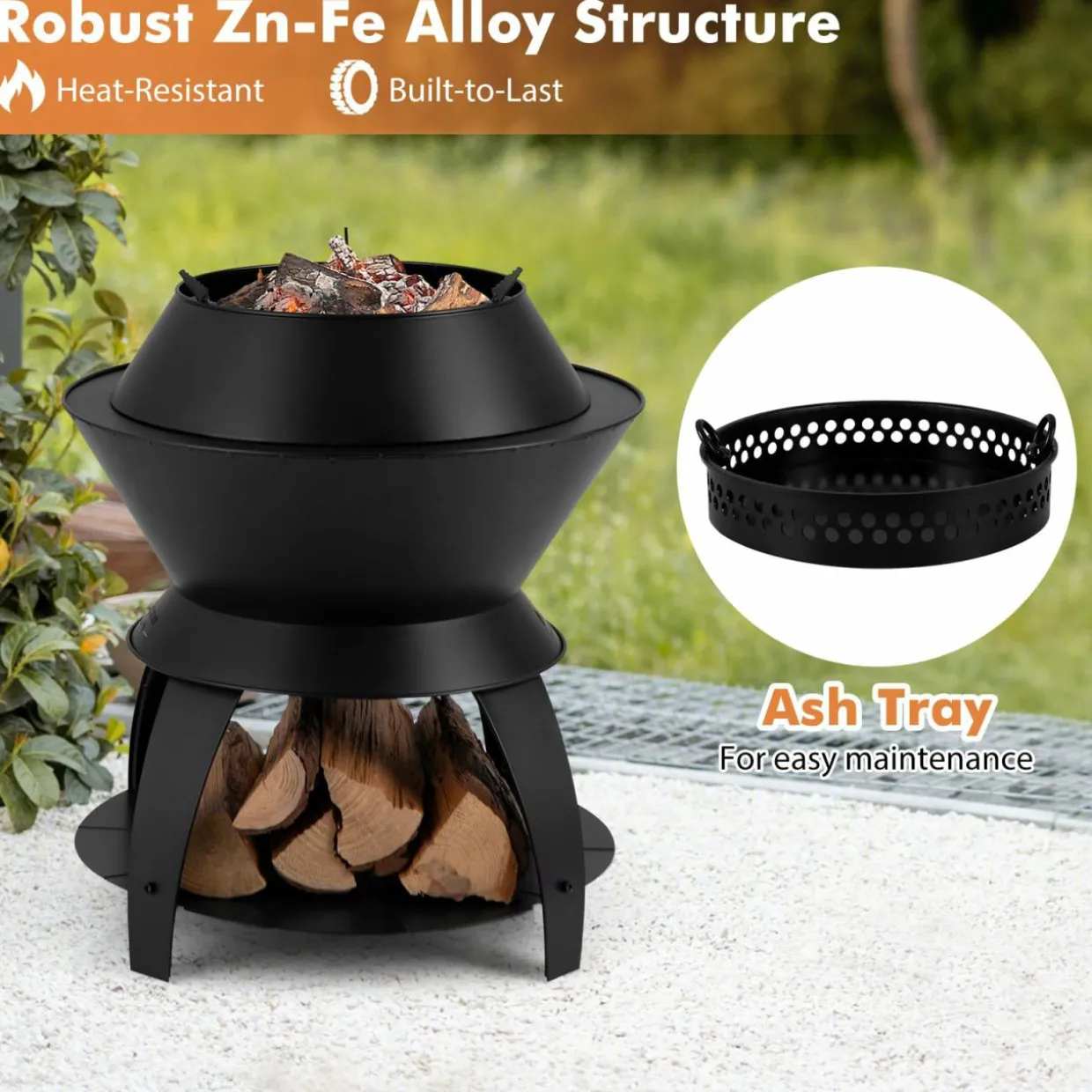Tangkula Outdoor Fire Pit, 20 Inch Metal Fire Bowl with Pot Holder & Storage Shelf, Smokeless Oxygen-Enriched Burning