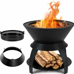 Tangkula Outdoor Fire Pit, 20 Inch Metal Fire Bowl with Pot Holder & Storage Shelf, Smokeless Oxygen-Enriched Burning