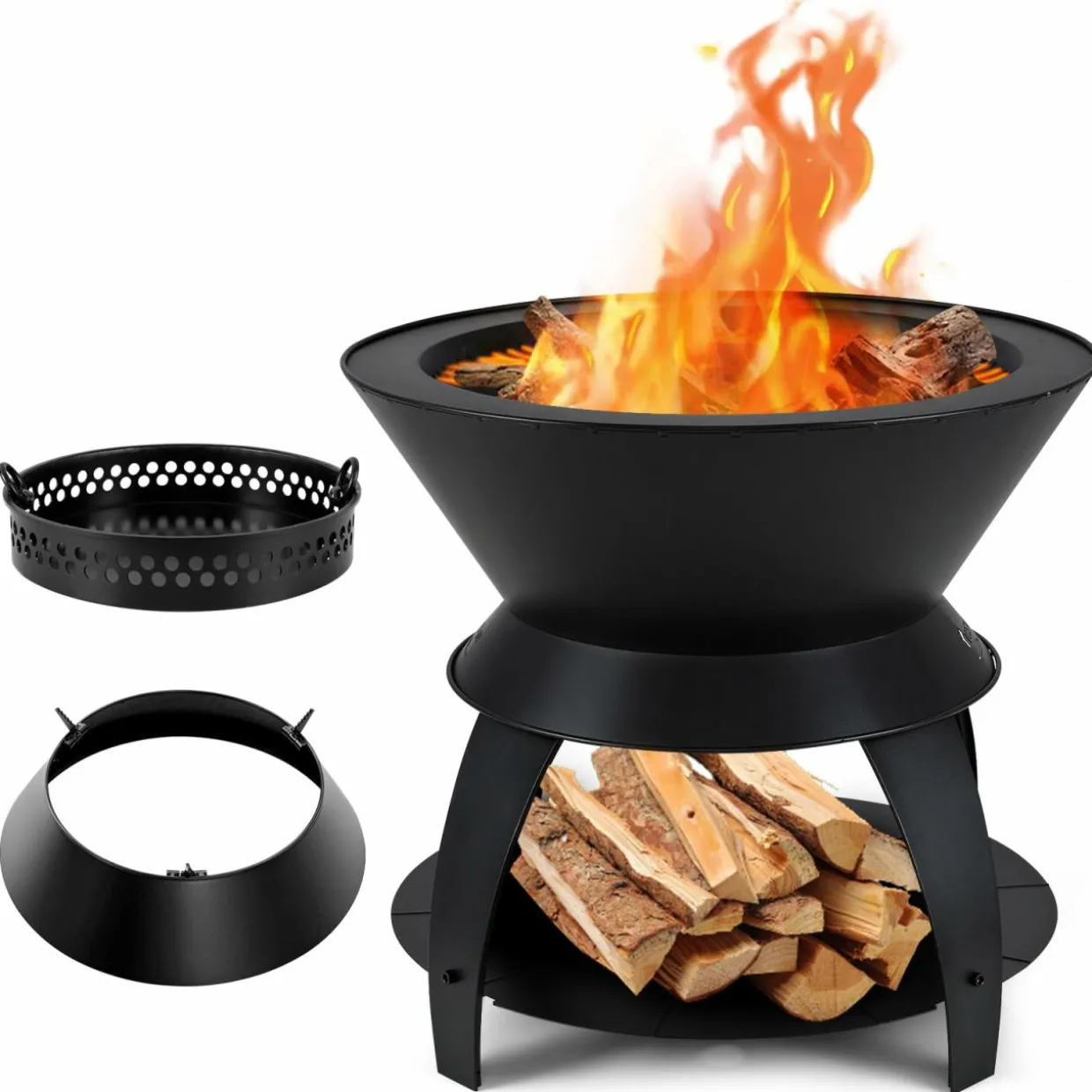 Tangkula Outdoor Fire Pit, 20 Inch Metal Fire Bowl with Pot Holder & Storage Shelf, Smokeless Oxygen-Enriched Burning