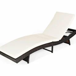 Tangkula Outdoor Folding Chaise Lounge, Rattan Patio Lounge Chair with Removable Thick Cushion, 5 Adjustable Levels