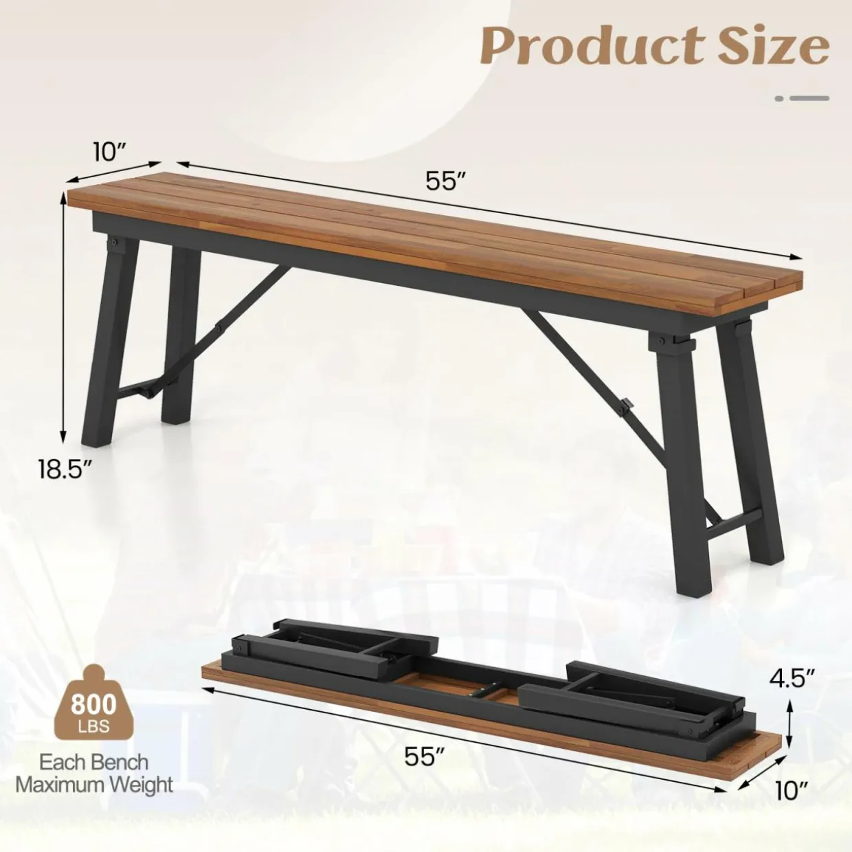 Tangkula Outdoor Folding Bench Set of 2, 55 Inches Long 2-3 Person Acacia Wood Backless