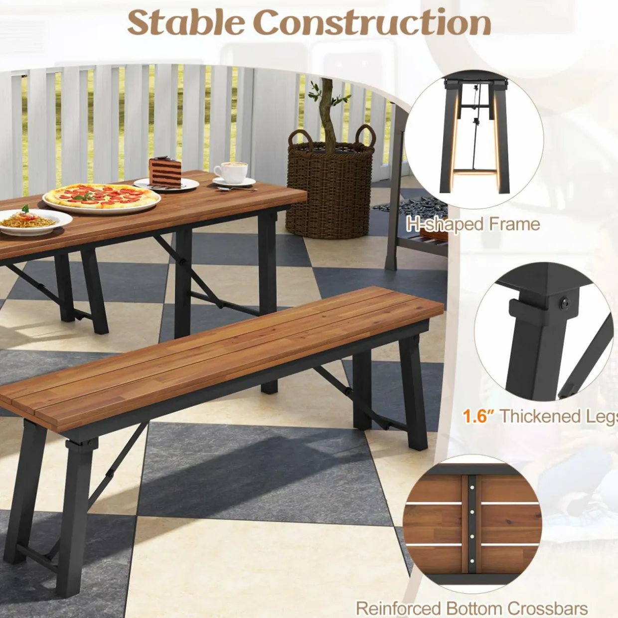 Tangkula Outdoor Folding Bench Set of 2, 55 Inches Long 2-3 Person Acacia Wood Backless