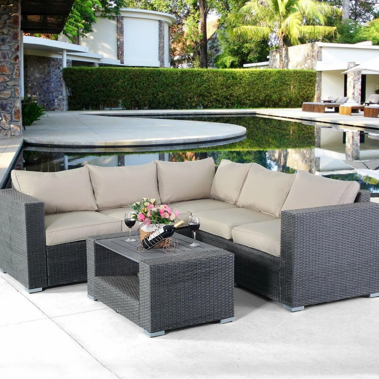 Tangkula Outdoor Furniture 4 Piece, Sectional Sofa with Coffee Table