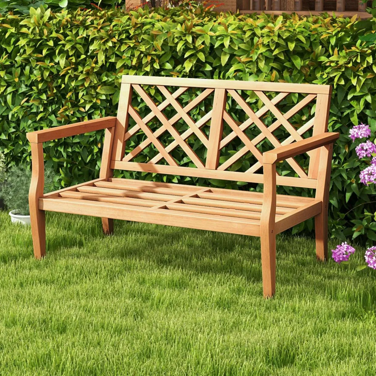 Tangkula Outdoor Garden Bench, 2-Person Teak Wood Bench with Comfy Armrests and Backrest, Slatted Seating Area