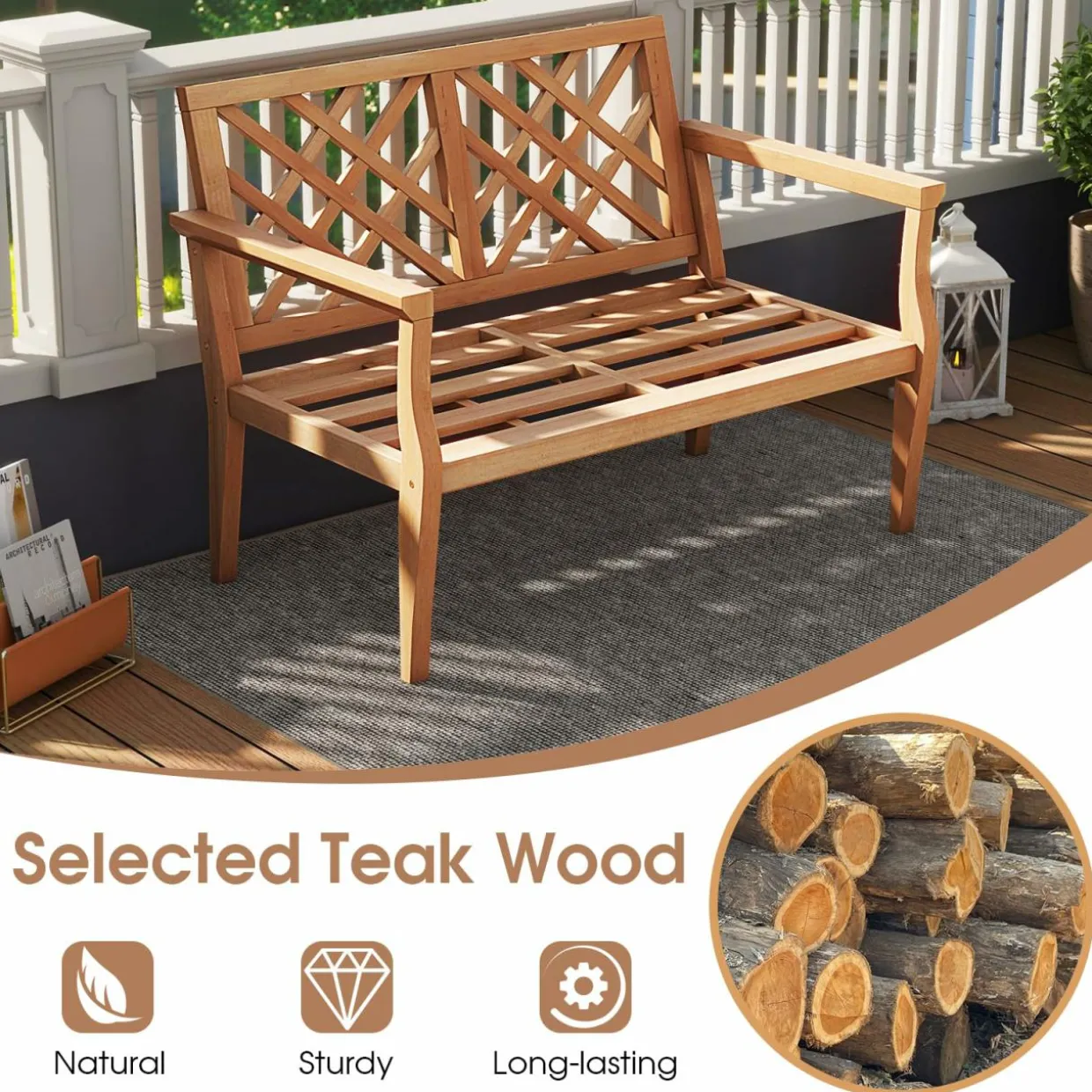 Tangkula Outdoor Garden Bench, 2-Person Teak Wood Bench with Comfy Armrests and Backrest, Slatted Seating Area
