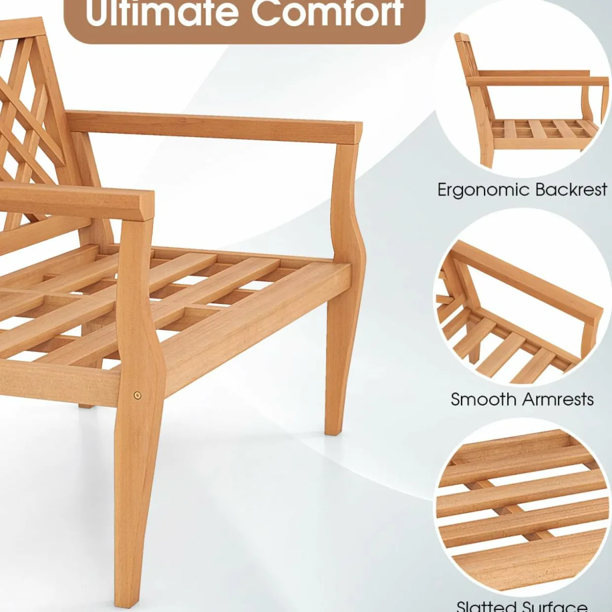 Tangkula Outdoor Garden Bench, 2-Person Teak Wood Bench with Comfy Armrests and Backrest, Slatted Seating Area