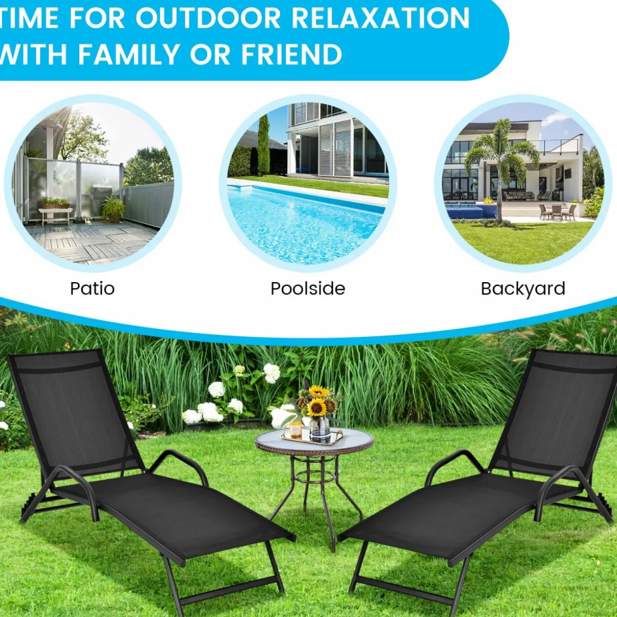 Tangkula Outdoor Patio Chaise Lounge Chairs, Reclining Lounge Chairs with 5-Position Adjustable Backrest & Breathable Fabric