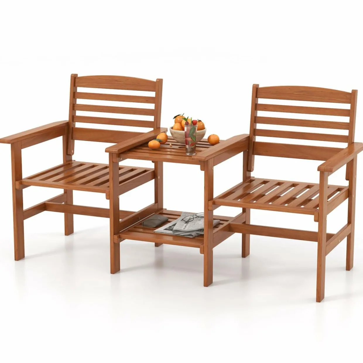 Tangkula Outdoor Patio Loveseat with Table, Wood 2-Seat Conversation Set with Coffee Table and Umbrella Hole