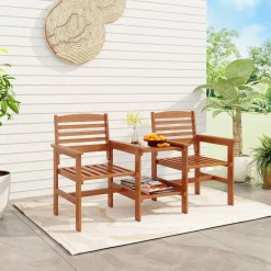 Tangkula Outdoor Patio Loveseat with Table, Wood 2-Seat Conversation Set with Coffee Table and Umbrella Hole