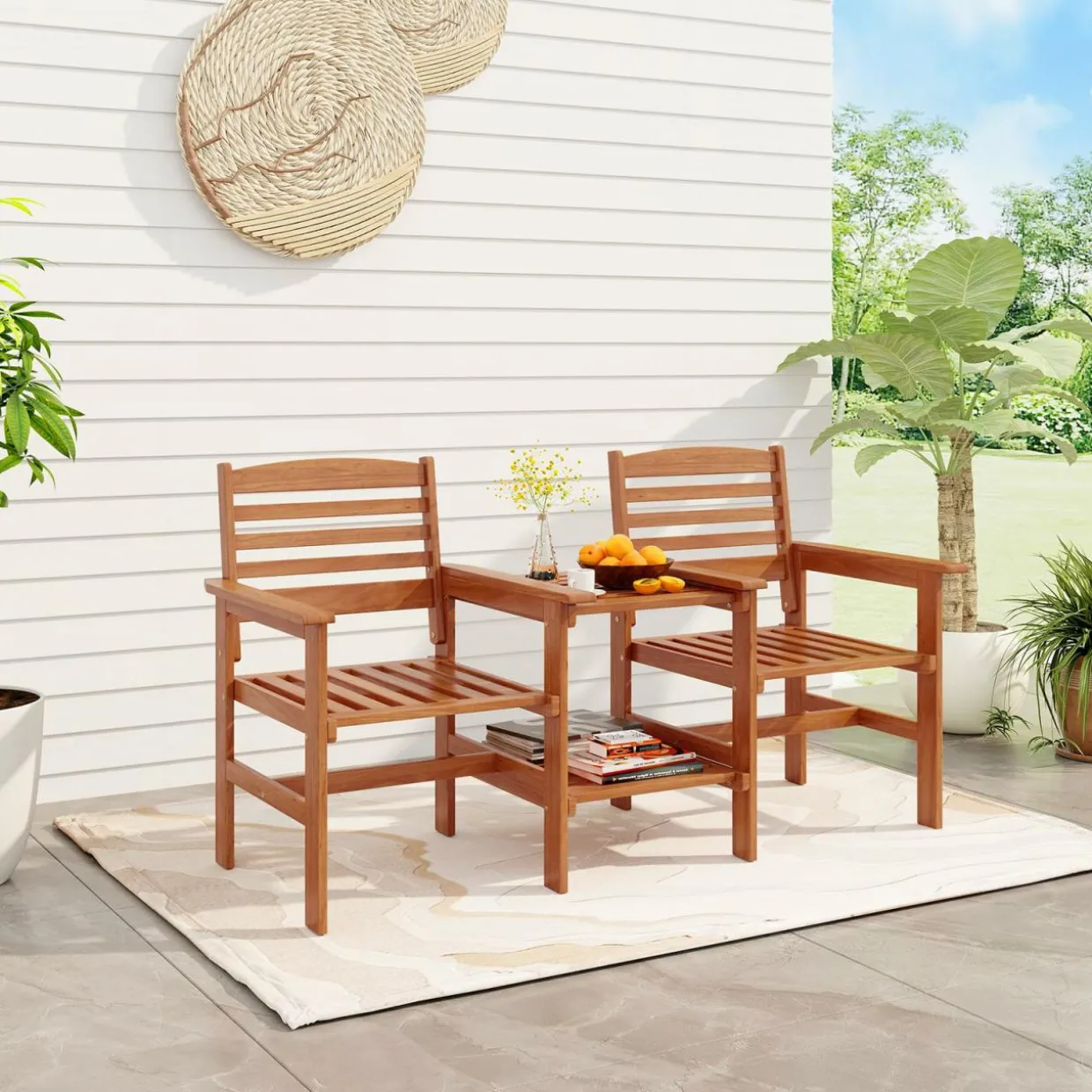 Tangkula Outdoor Patio Loveseat with Table, Wood 2-Seat Conversation Set with Coffee Table and Umbrella Hole