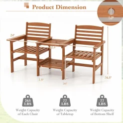 Tangkula Outdoor Patio Loveseat with Table, Wood 2-Seat Conversation Set with Coffee Table and Umbrella Hole
