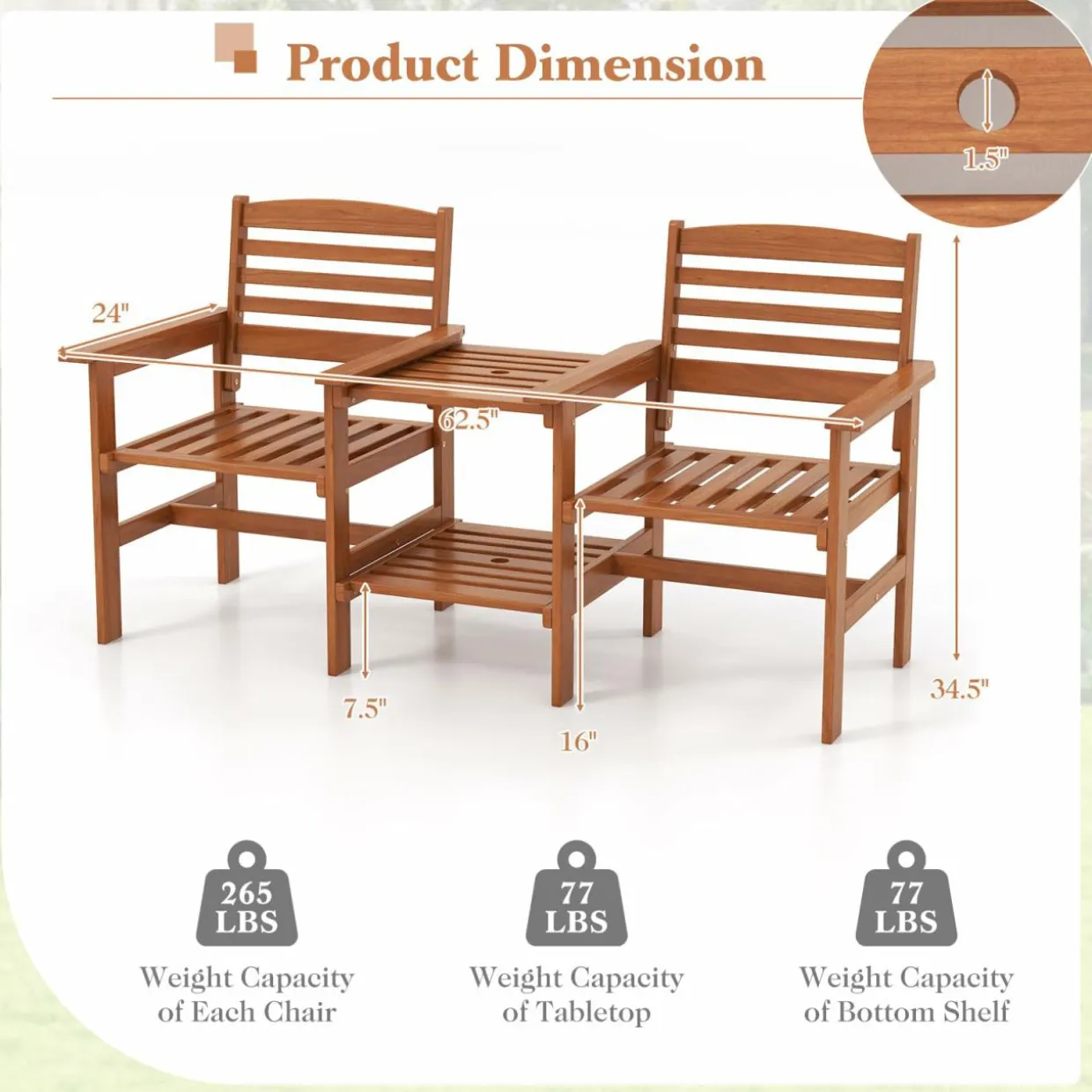 Tangkula Outdoor Patio Loveseat with Table, Wood 2-Seat Conversation Set with Coffee Table and Umbrella Hole