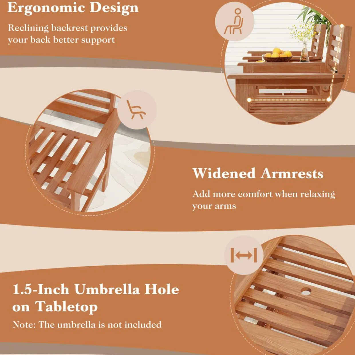 Tangkula Outdoor Patio Loveseat with Table, Wood 2-Seat Conversation Set with Coffee Table and Umbrella Hole