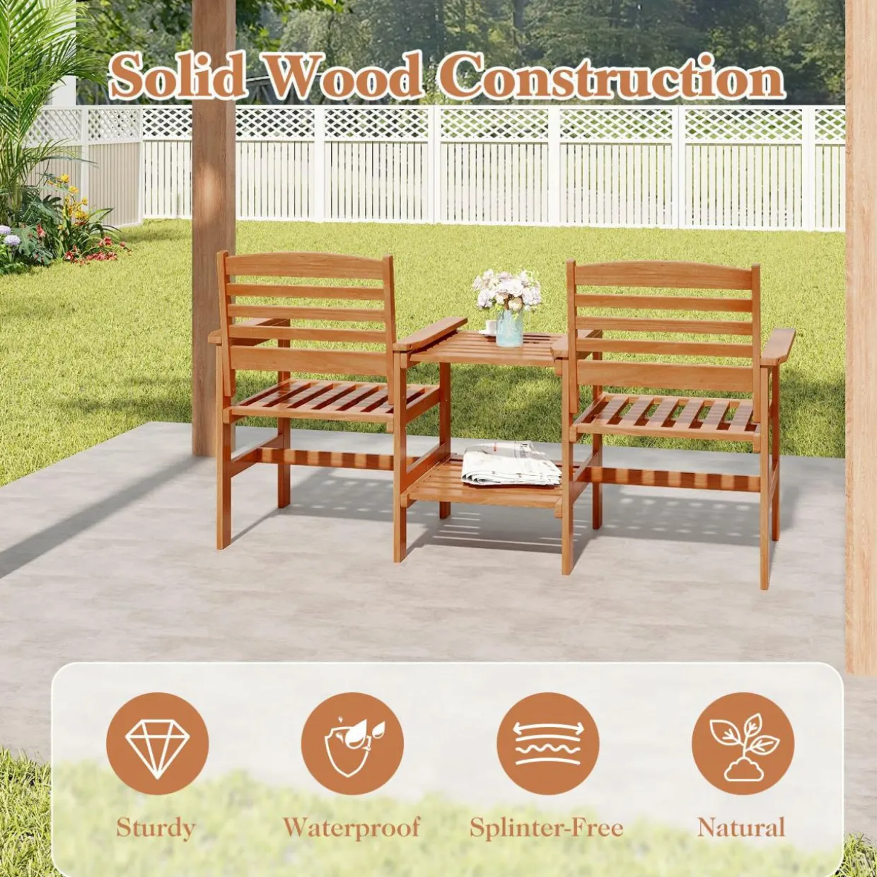 Tangkula Outdoor Patio Loveseat with Table, Wood 2-Seat Conversation Set with Coffee Table and Umbrella Hole