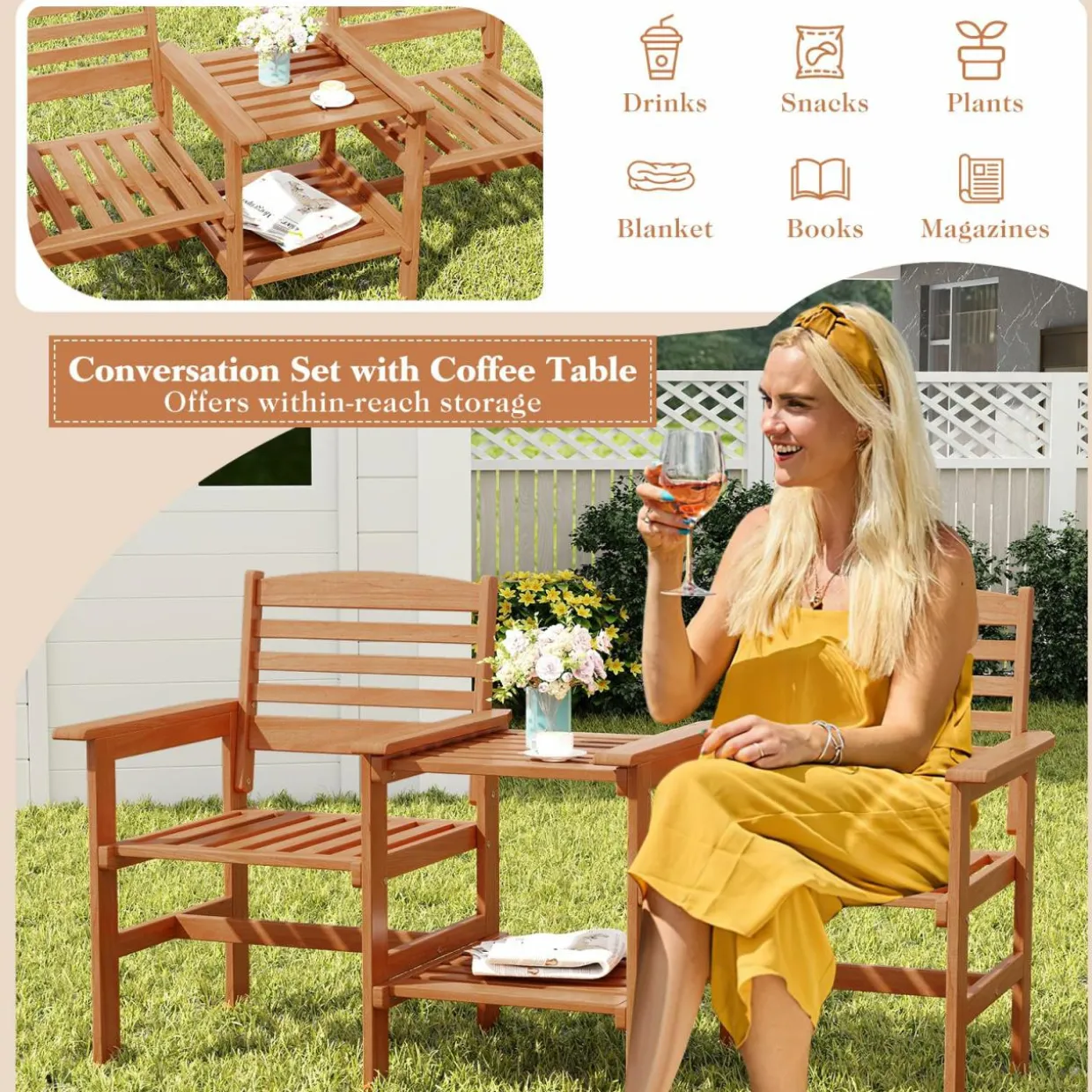 Tangkula Outdoor Patio Loveseat with Table, Wood 2-Seat Conversation Set with Coffee Table and Umbrella Hole
