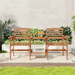 Tangkula Outdoor Patio Loveseat with Table, Wood 2-Seat Conversation Set with Coffee Table and Umbrella Hole