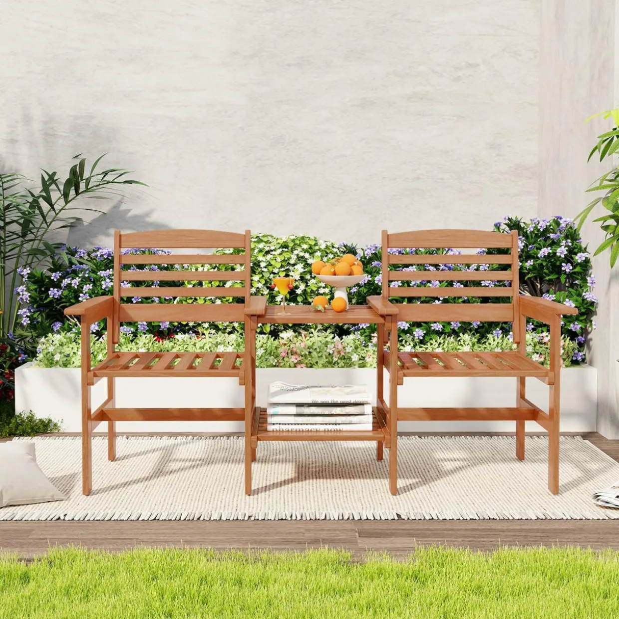 Tangkula Outdoor Patio Loveseat with Table, Wood 2-Seat Conversation Set with Coffee Table and Umbrella Hole