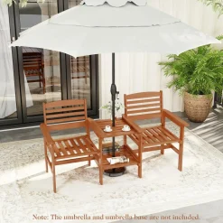 Tangkula Outdoor Patio Loveseat with Table, Wood 2-Seat Conversation Set with Coffee Table and Umbrella Hole