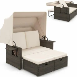 Tangkula Outdoor Patio Rattan Daybed w/Retractable Canopy & Adjustable Backrests