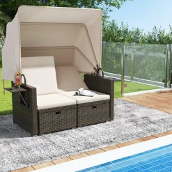 Tangkula Outdoor Patio Rattan Daybed w/Retractable Canopy & Adjustable Backrests