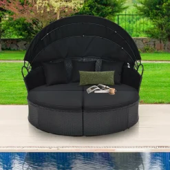 Tangkula Outdoor Patio Round Daybed with Retractable Canopy