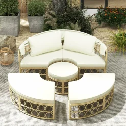 Tangkula Outdoor Patio Round Daybed with Retractable Canopy, Soft Cushions