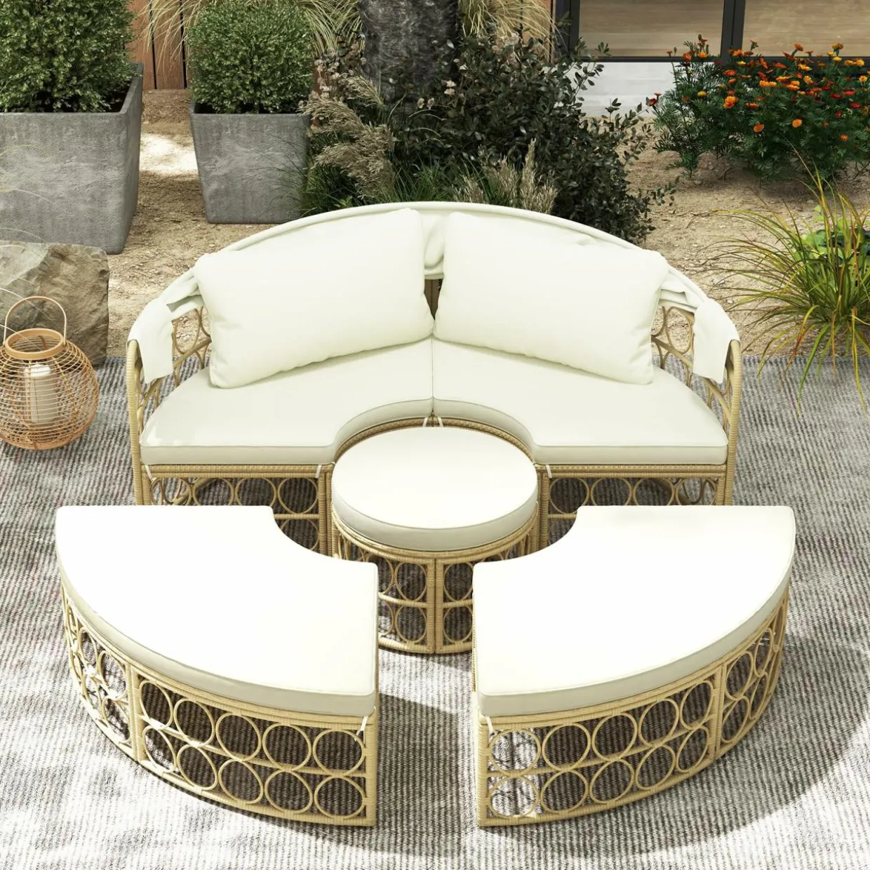 Tangkula Outdoor Patio Round Daybed with Retractable Canopy, Soft Cushions