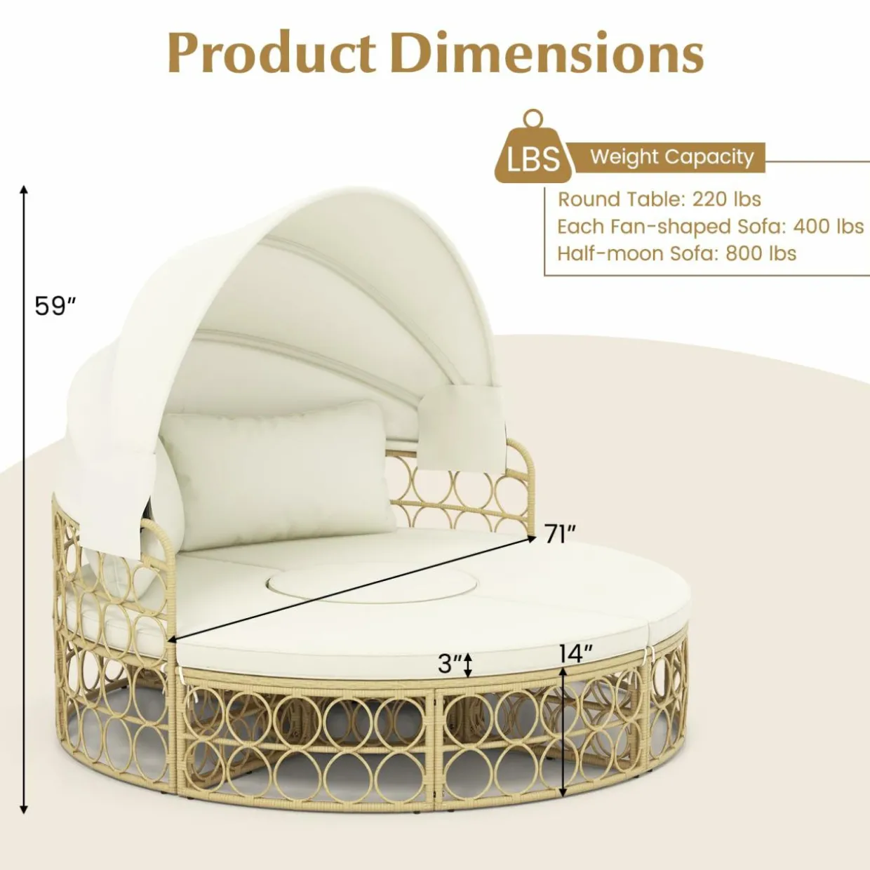 Tangkula Outdoor Patio Round Daybed with Retractable Canopy, Soft Cushions