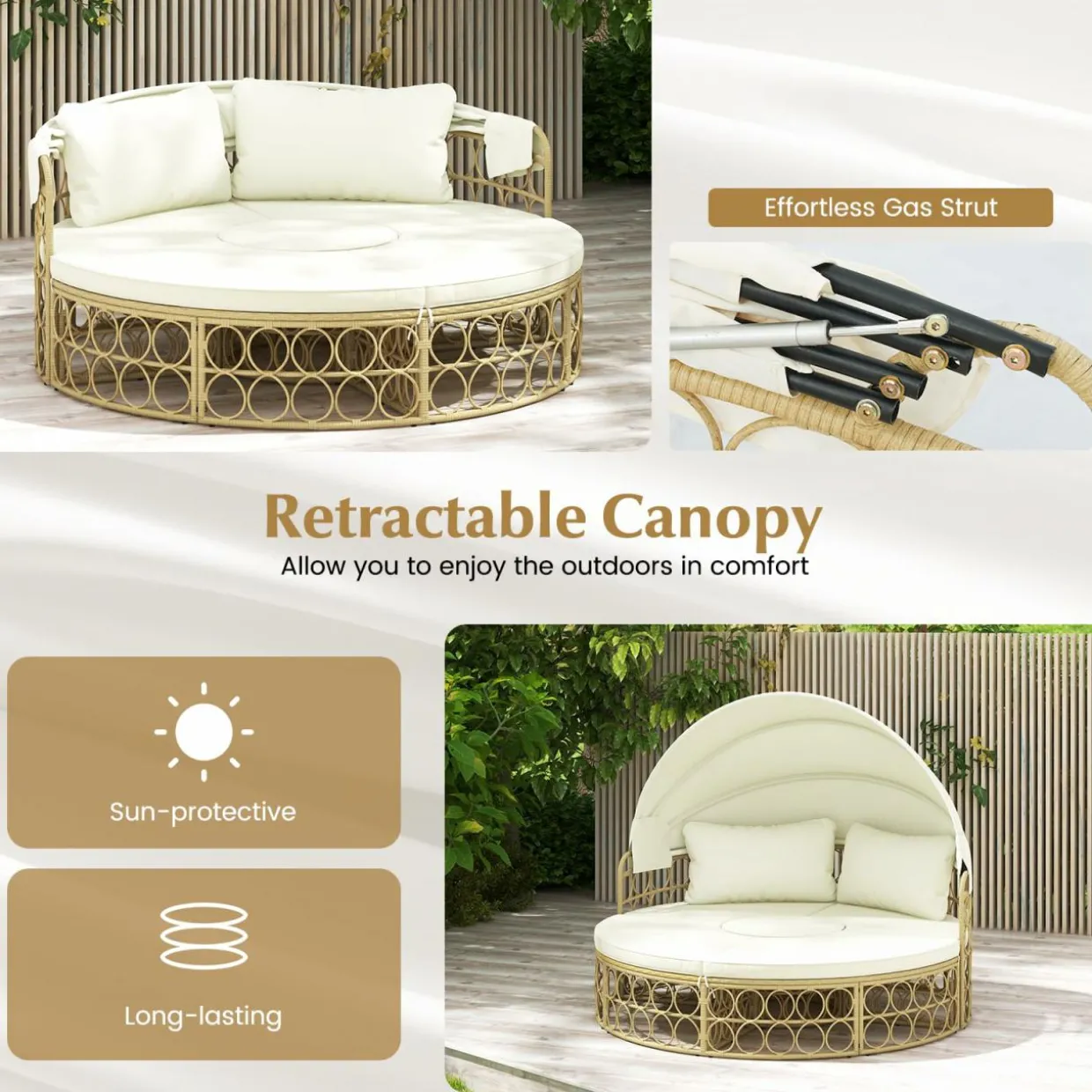 Tangkula Outdoor Patio Round Daybed with Retractable Canopy, Soft Cushions