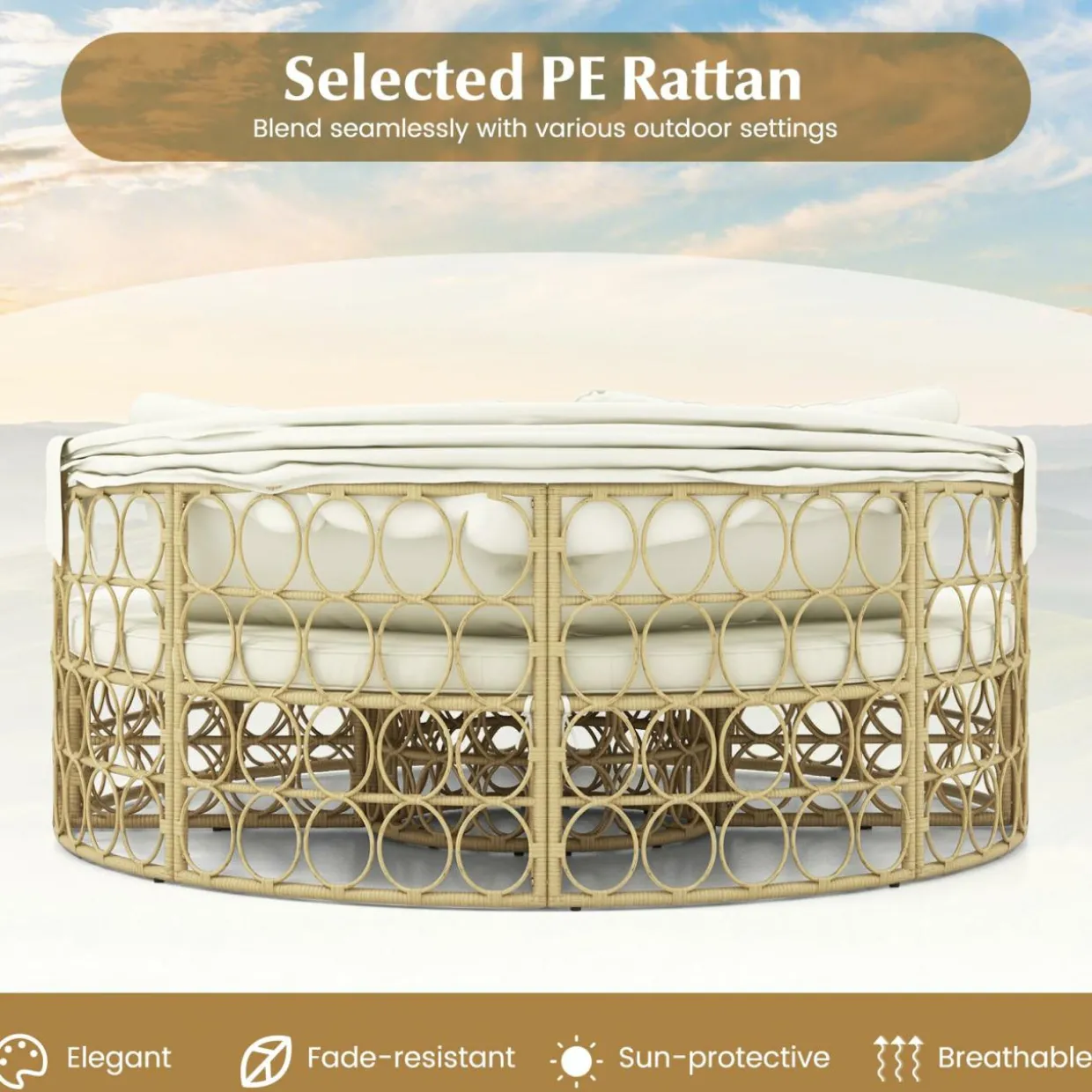 Tangkula Outdoor Patio Round Daybed with Retractable Canopy, Soft Cushions