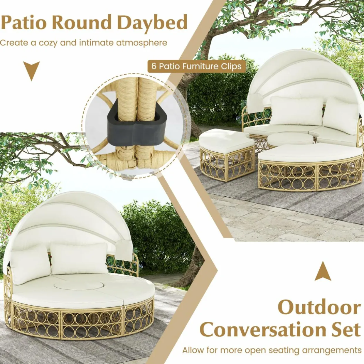 Tangkula Outdoor Patio Round Daybed with Retractable Canopy, Soft Cushions