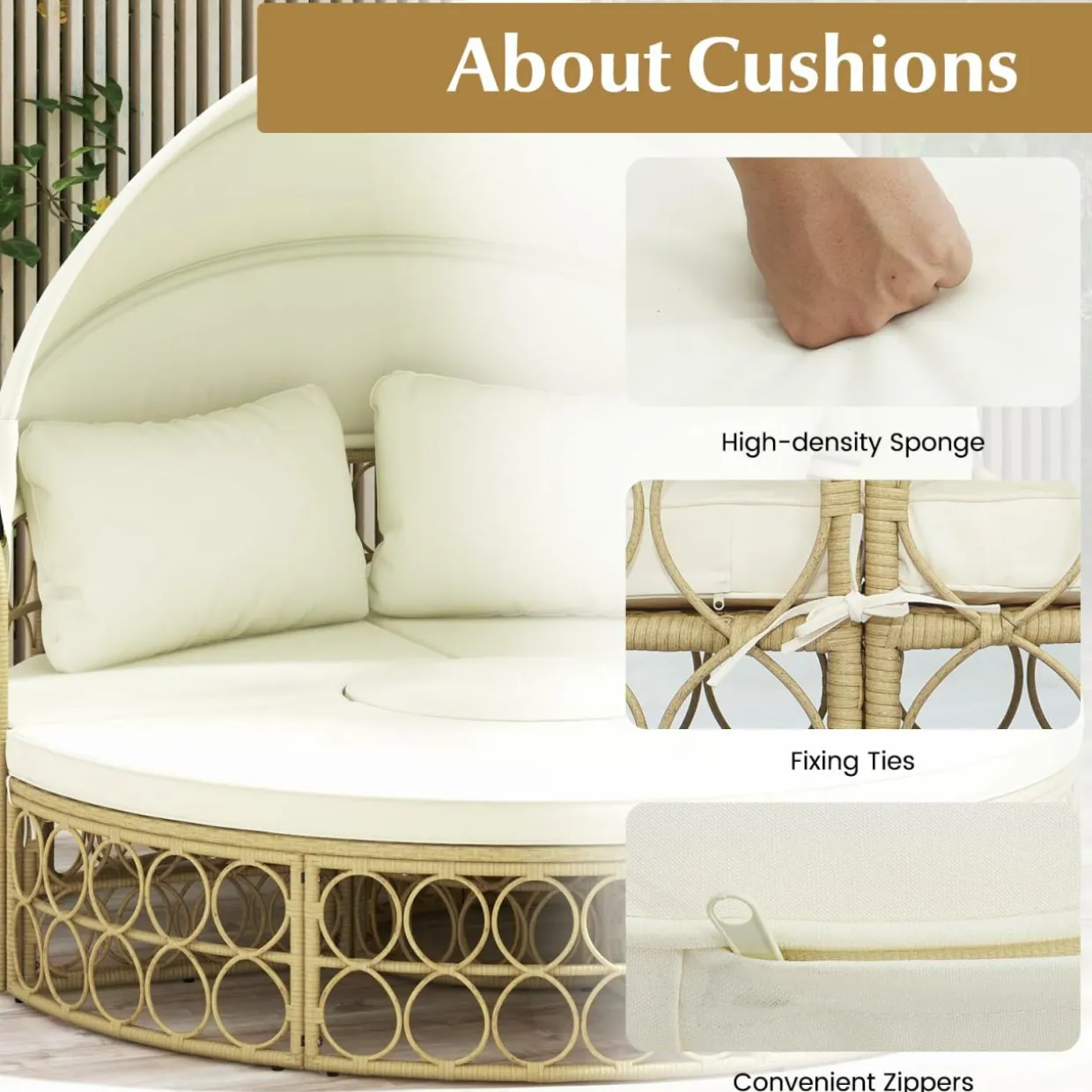 Tangkula Outdoor Patio Round Daybed with Retractable Canopy, Soft Cushions