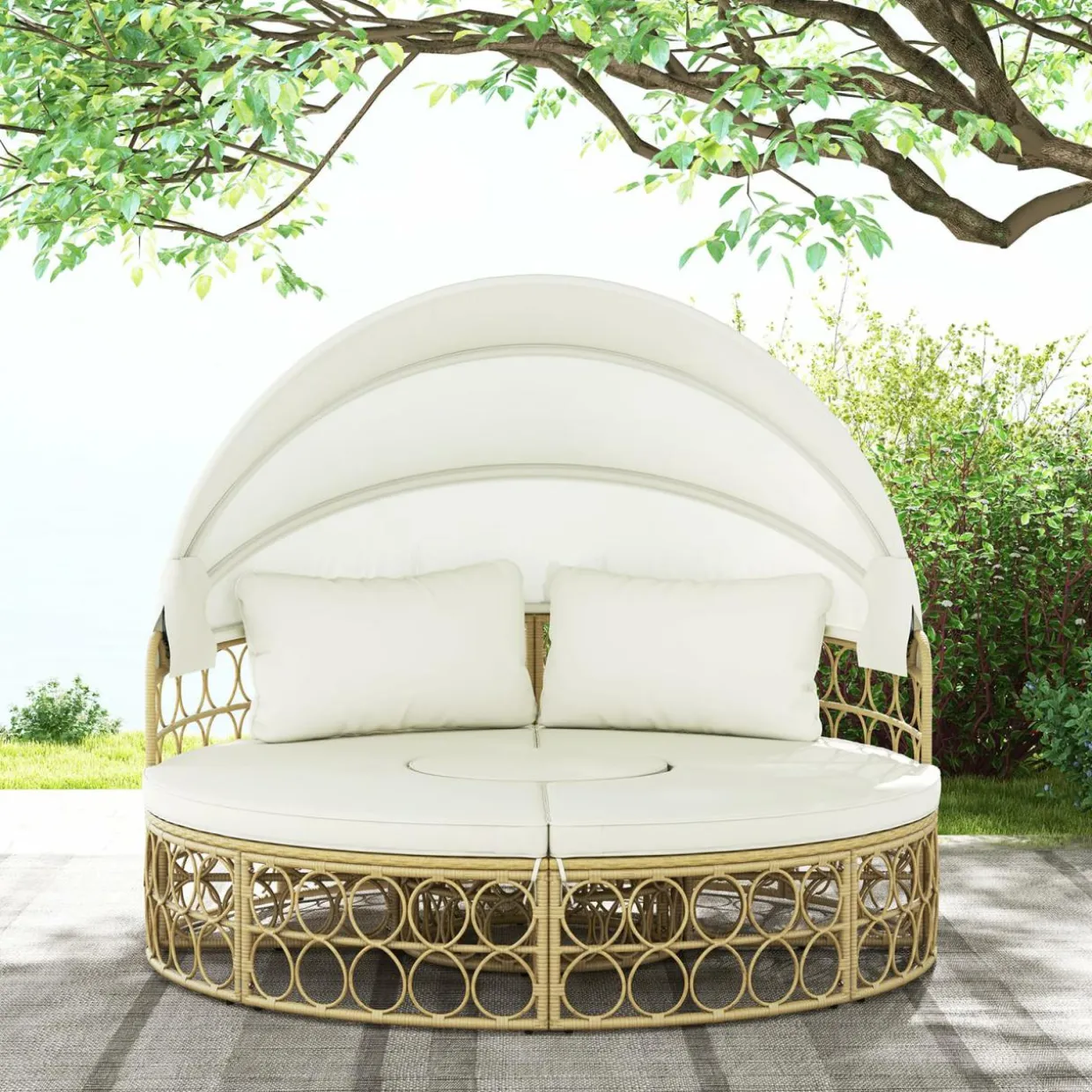 Tangkula Outdoor Patio Round Daybed with Retractable Canopy, Soft Cushions