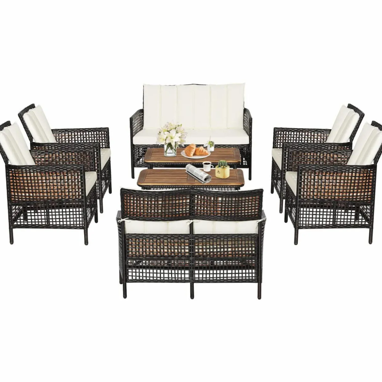 Tangkula Outdoor PE Wicker Conversation Set with 2-Tier Coffee Table