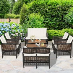 Tangkula Outdoor PE Wicker Conversation Set with 2-Tier Coffee Table