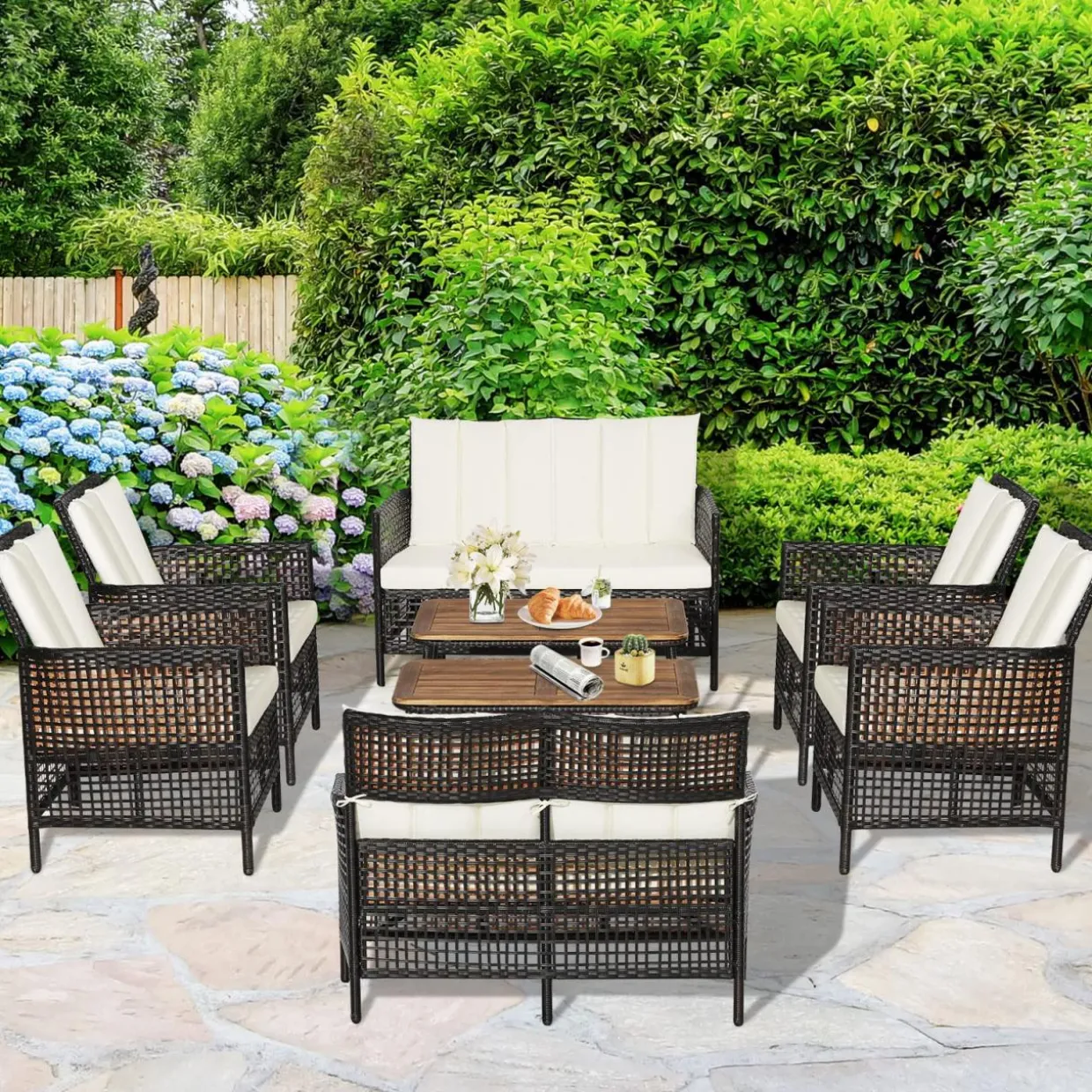 Tangkula Outdoor PE Wicker Conversation Set with 2-Tier Coffee Table