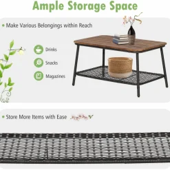 Tangkula Outdoor PE Wicker Conversation Set with 2-Tier Coffee Table