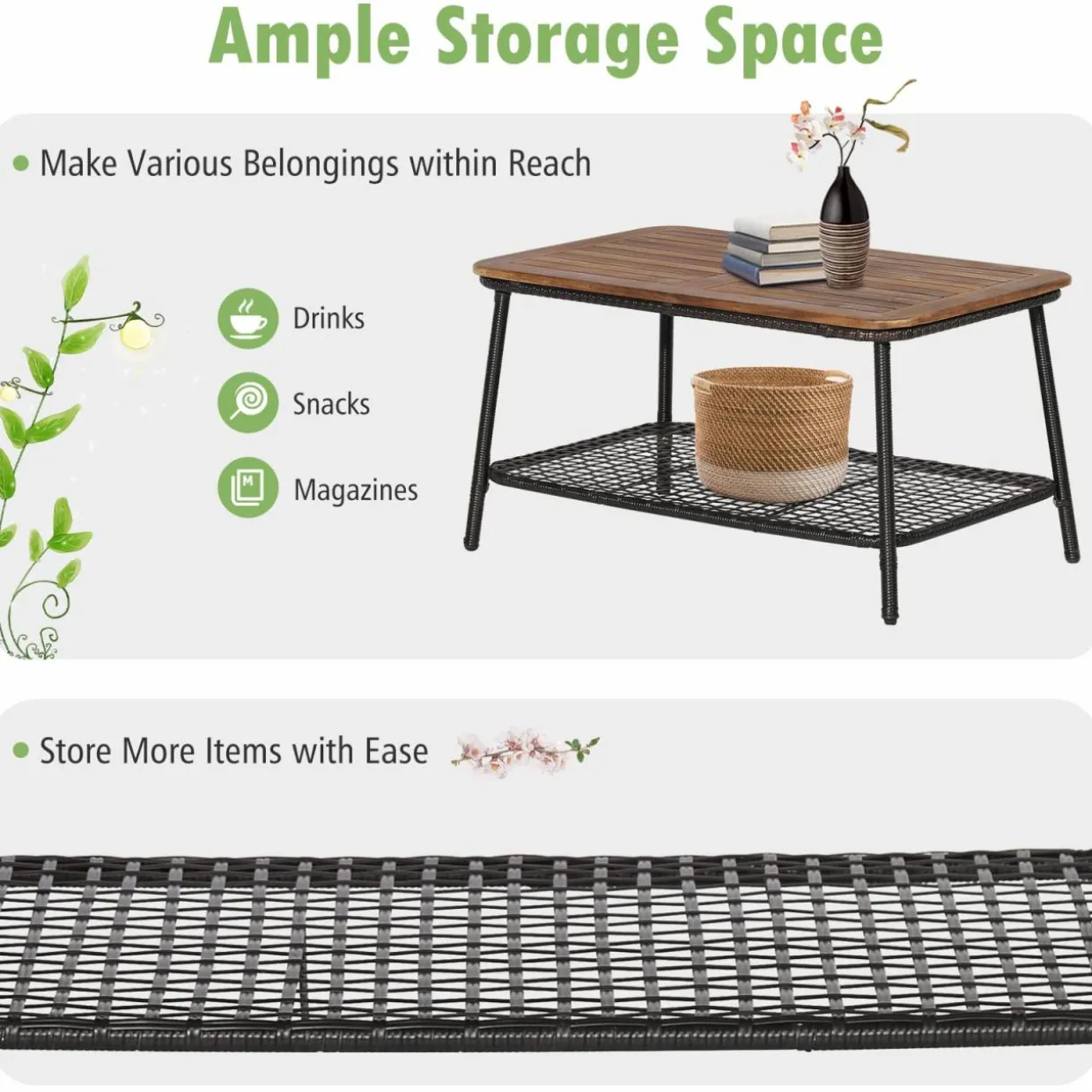 Tangkula Outdoor PE Wicker Conversation Set with 2-Tier Coffee Table