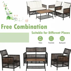 Tangkula Outdoor PE Wicker Conversation Set with 2-Tier Coffee Table
